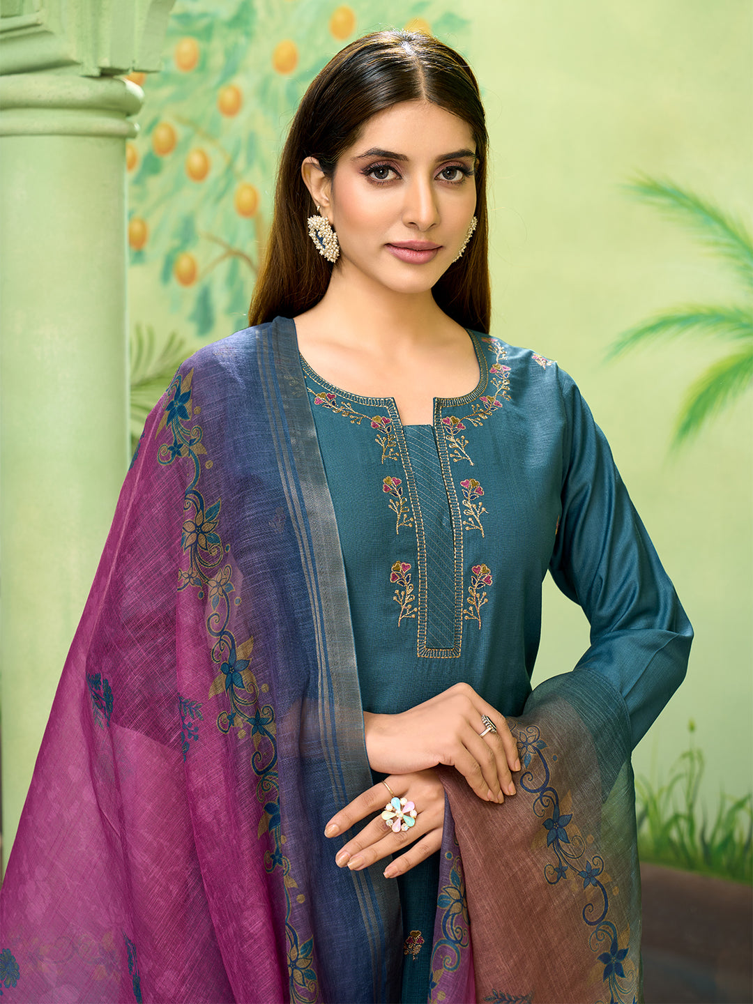 Teal Embroidered Suit Set with Dupatta