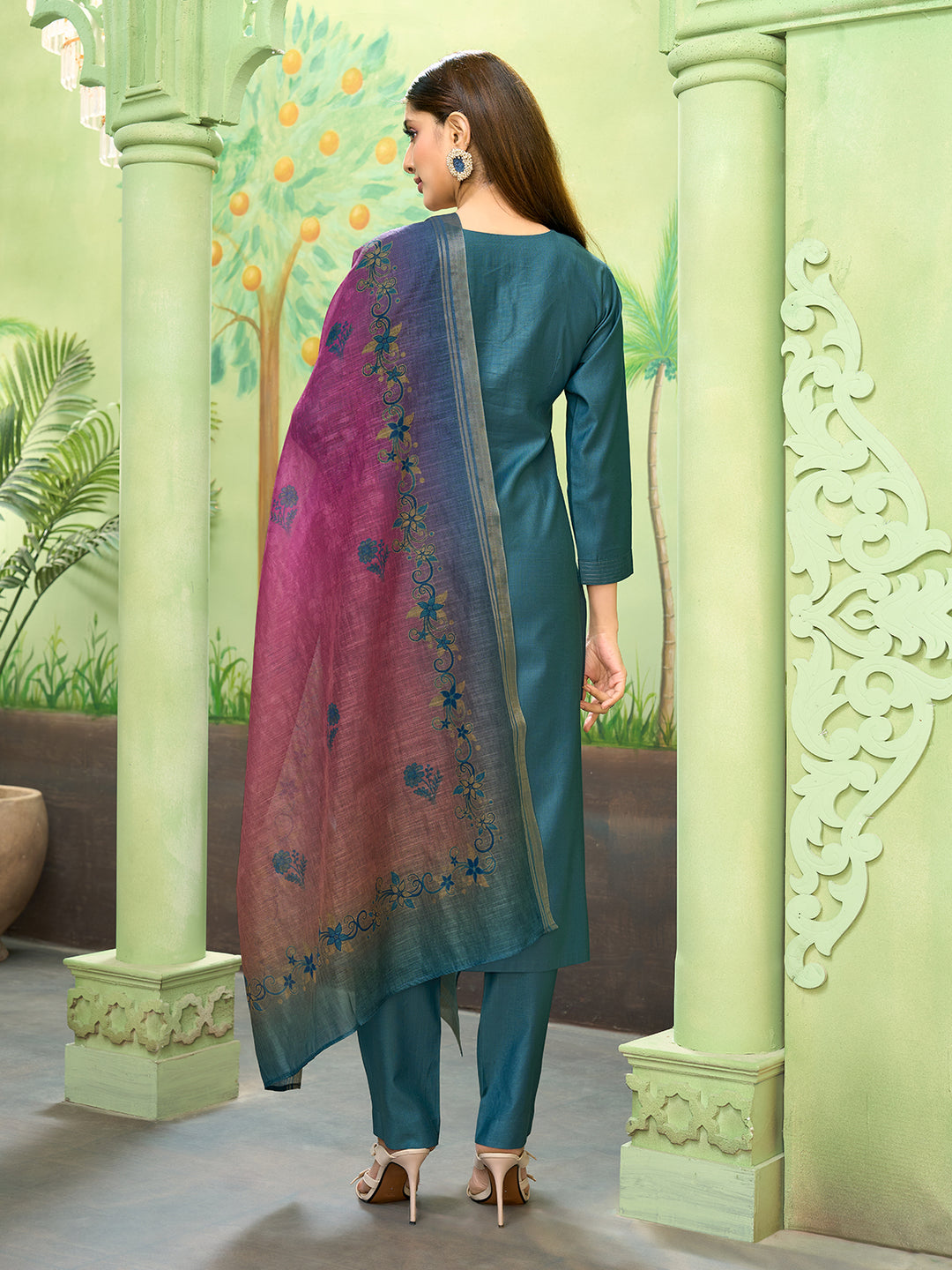 Teal Embroidered Suit Set with Dupatta