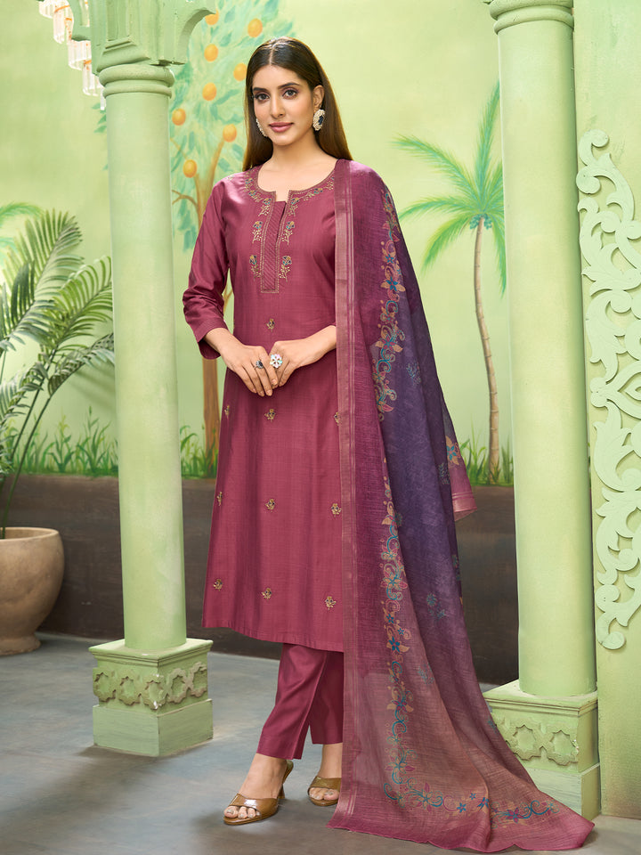Rose Wine Embroidered Suit Set with Dupatta