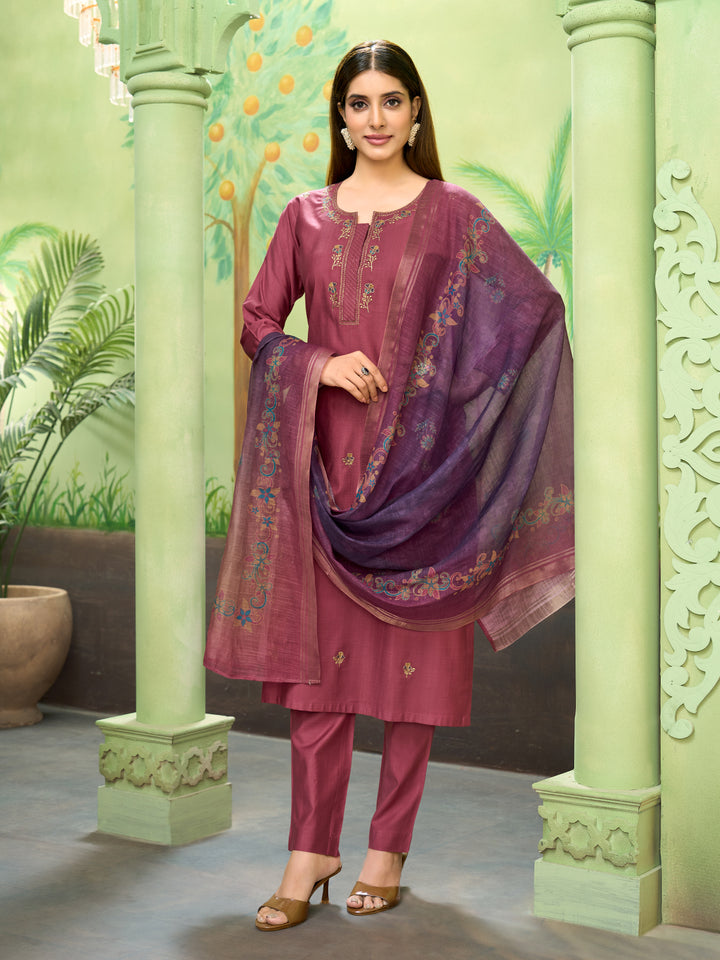 Rose Wine Embroidered Suit Set with Dupatta