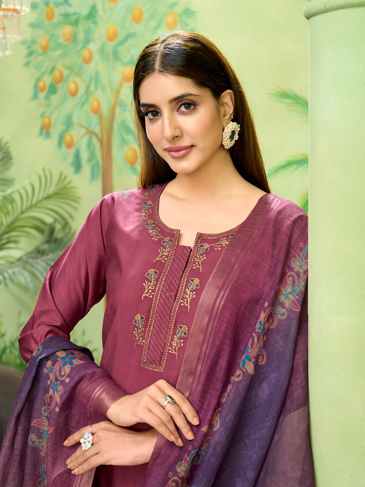 Rose Wine Embroidered Suit Set with Dupatta