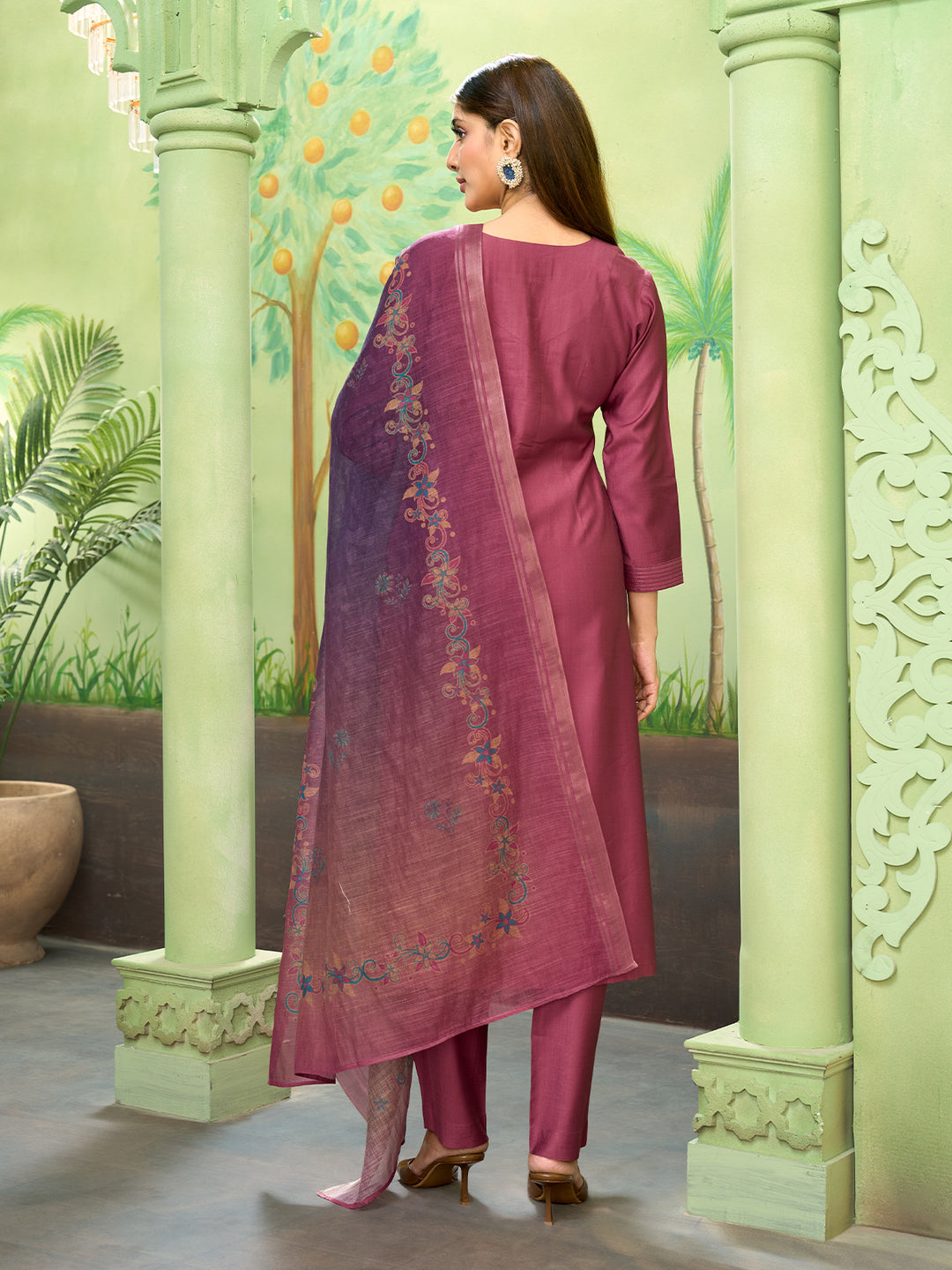 Rose Wine Embroidered Suit Set with Dupatta
