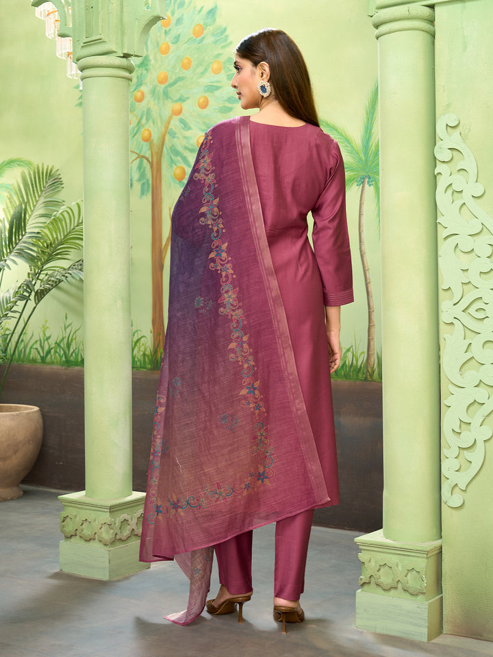 Rose Wine Embroidered Suit Set with Dupatta