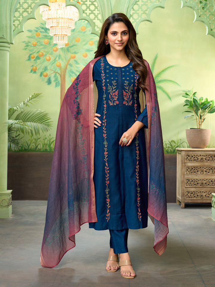 Deep Blue Embroidered Suit Set with Dupatta