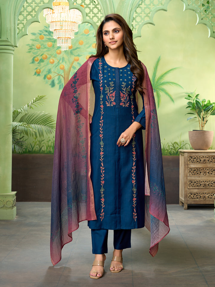 Deep Blue Embroidered Suit Set with Dupatta