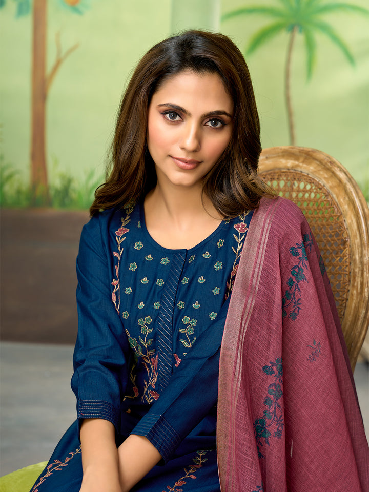 Deep Blue Embroidered Suit Set with Dupatta
