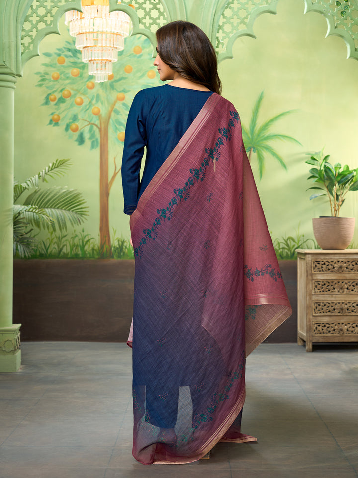 Deep Blue Embroidered Suit Set with Dupatta