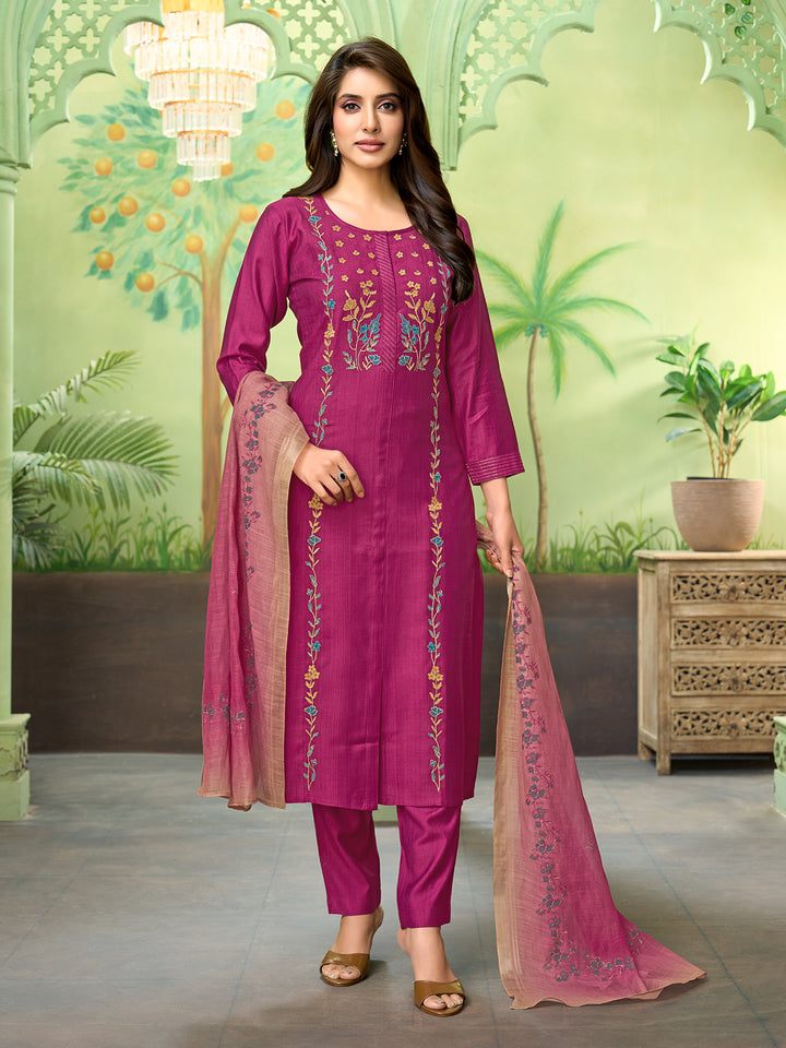 Magenta Embroidered Suit Set with Dupatta