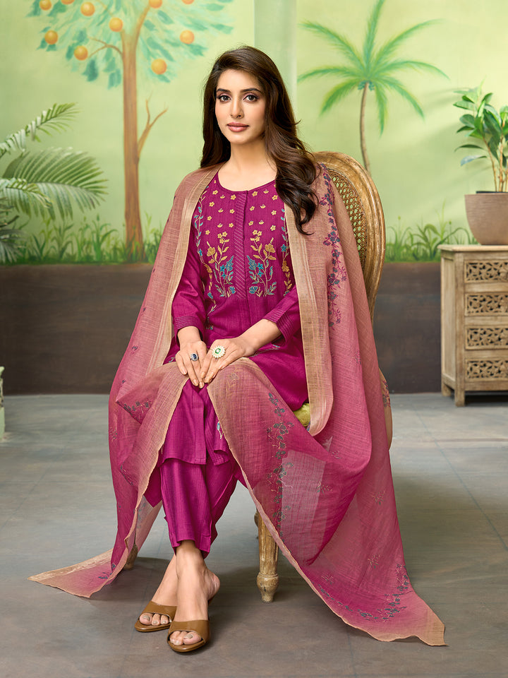 Magenta Embroidered Suit Set with Dupatta