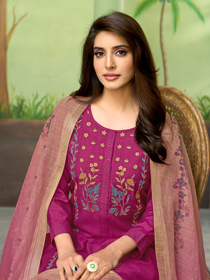 Magenta Embroidered Suit Set with Dupatta