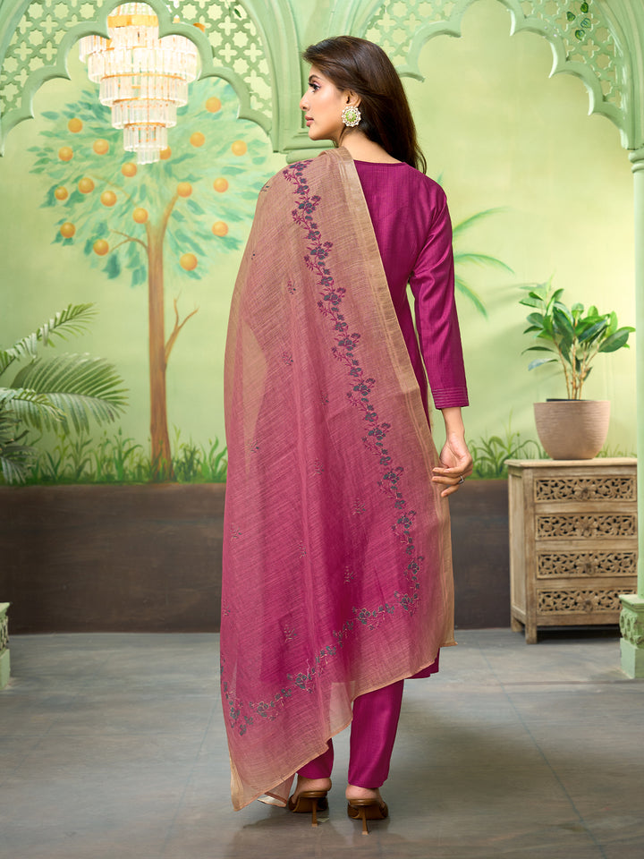 Magenta Embroidered Suit Set with Dupatta