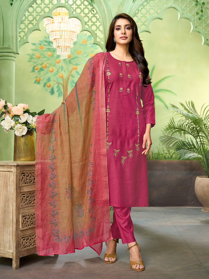 Rose Pink Embroidered Suit Set with Dupatta