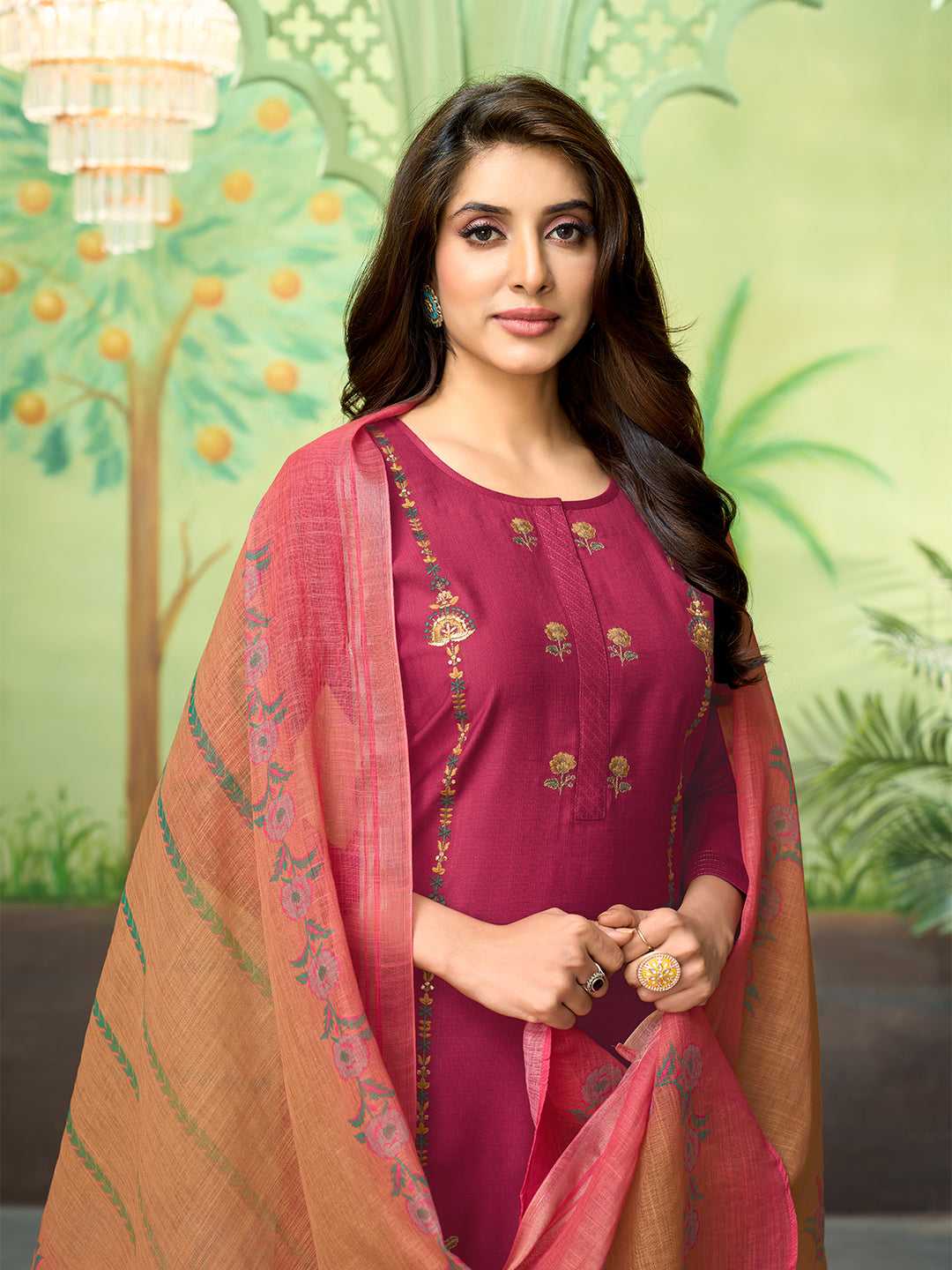 Rose Pink Embroidered Suit Set with Dupatta