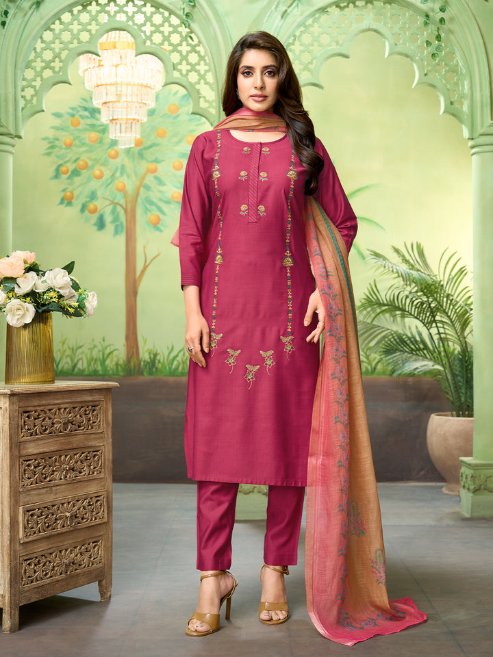 Rose Pink Embroidered Suit Set with Dupatta