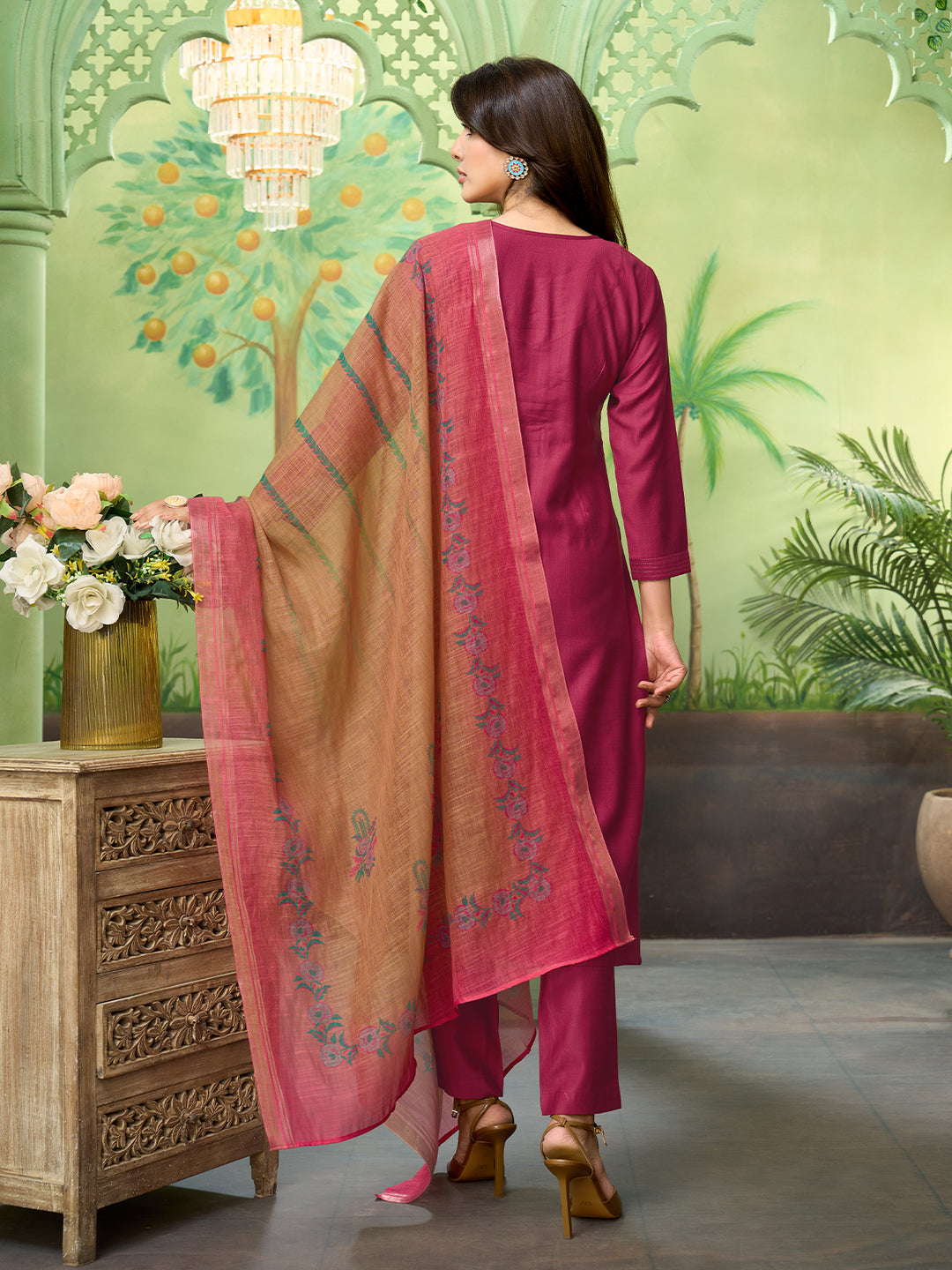 Rose Pink Embroidered Suit Set with Dupatta
