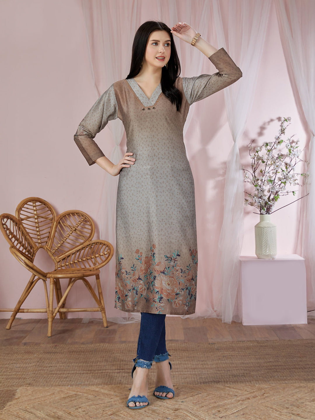 Grey Browm Ombre Floral Kurti