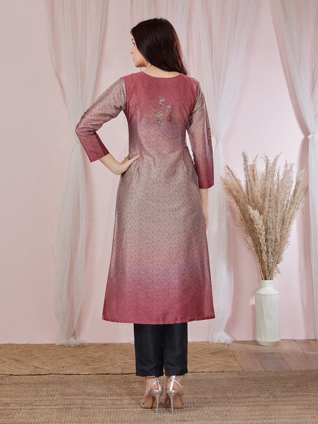 Grey Red Ombr Floral Kurti