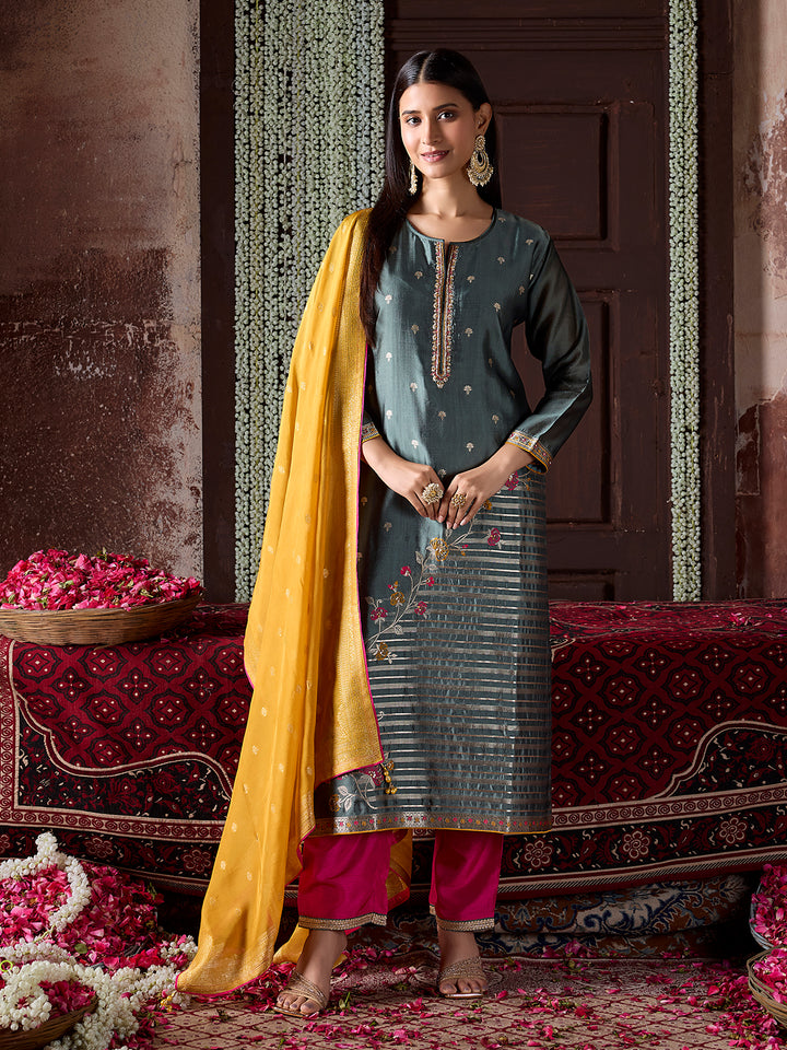 Grey Jacquard Silk Suit Set with Dupatta