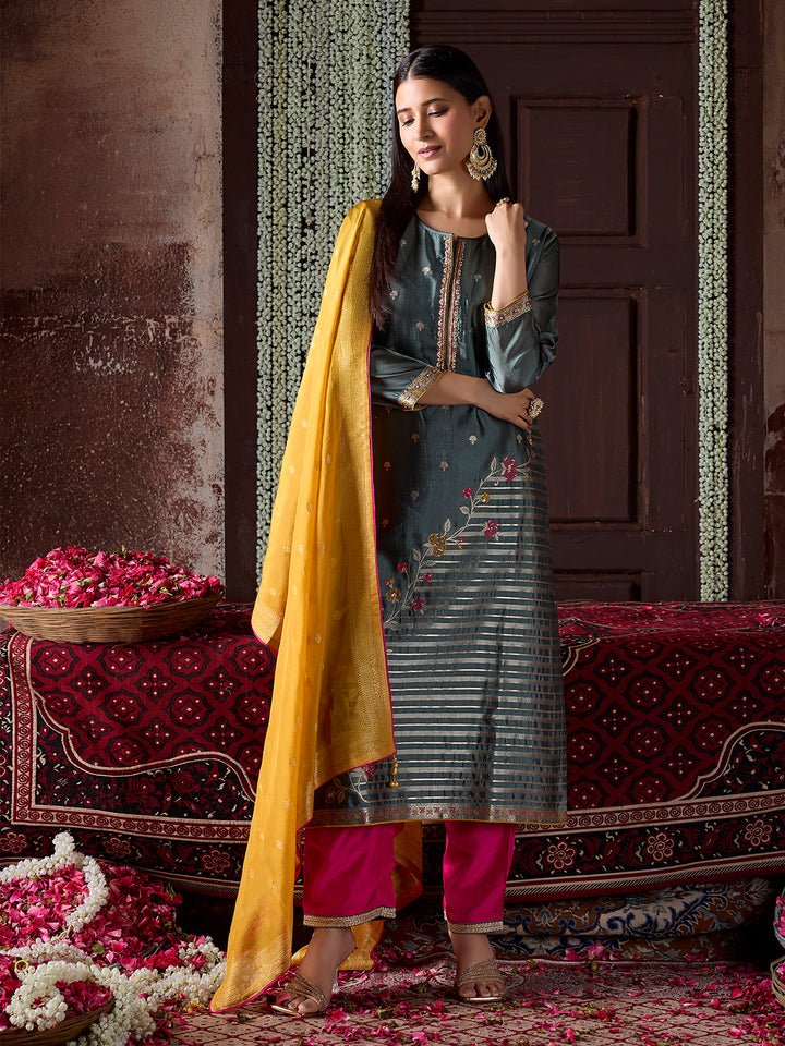 Grey Jacquard Silk Suit Set with Dupatta