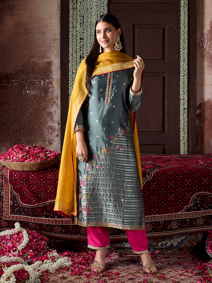 Grey Jacquard Silk Suit Set with Dupatta