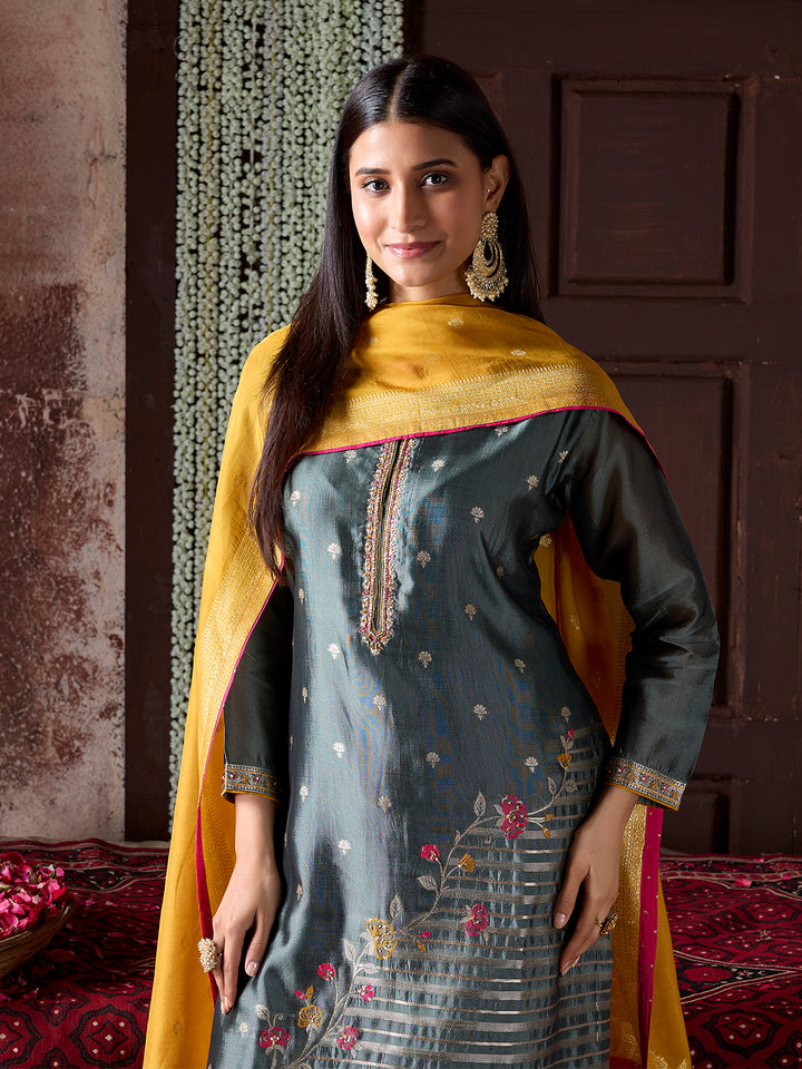 Grey Jacquard Silk Suit Set with Dupatta