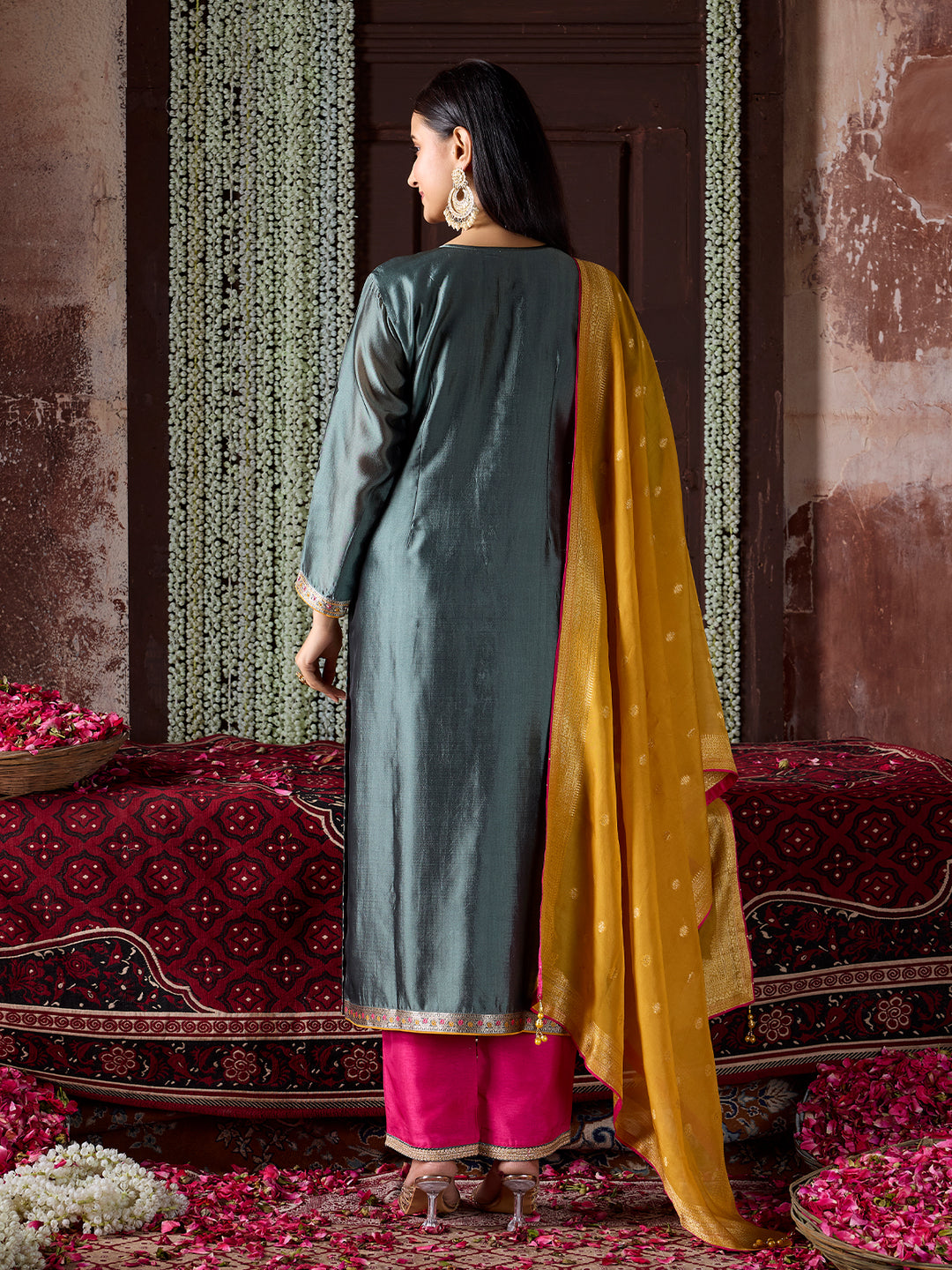 Grey Jacquard Silk Suit Set with Dupatta
