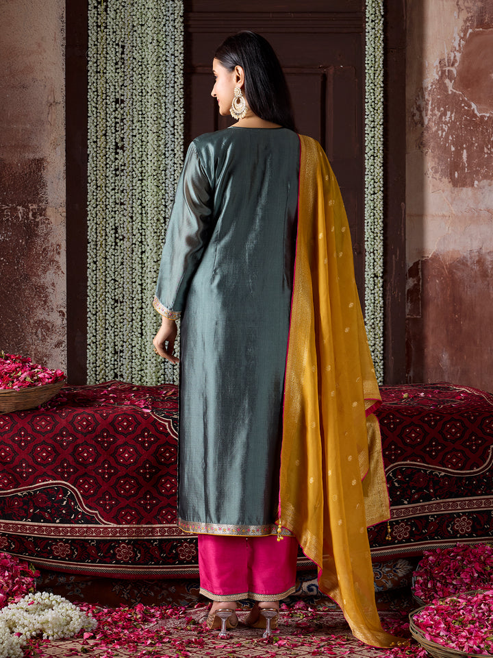 Grey Jacquard Silk Suit Set with Dupatta