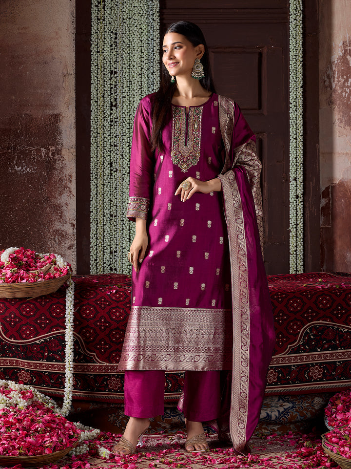 Magenta Jacquard Silk Suit Set with Dupatta