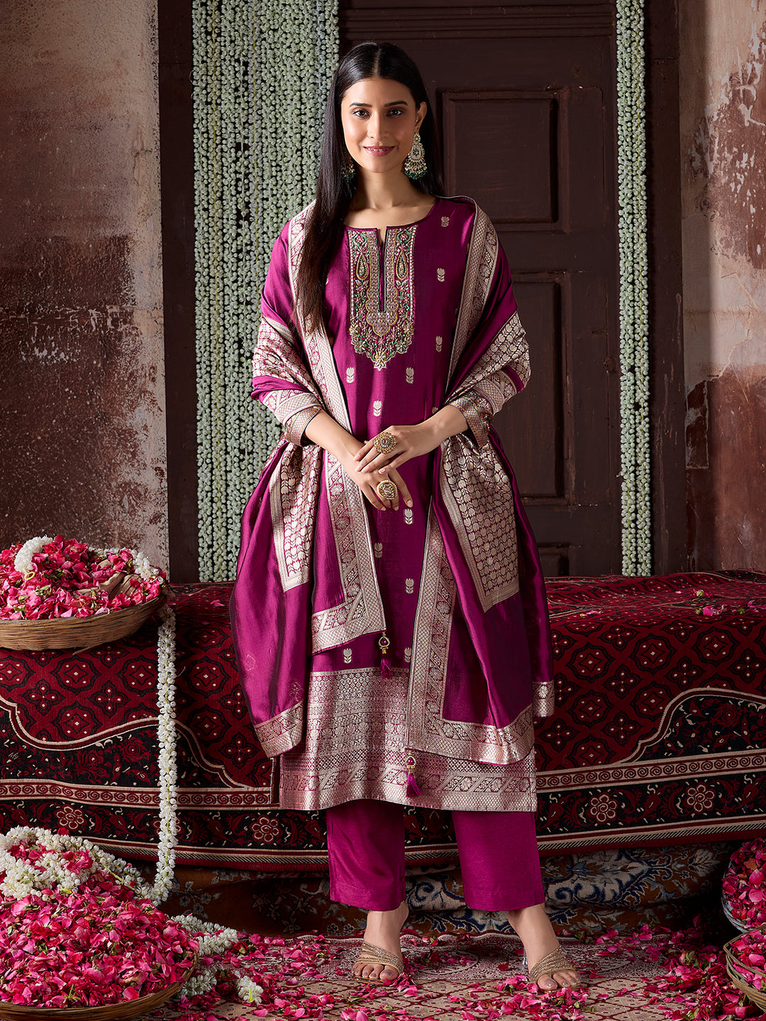 Magenta Jacquard Silk Suit Set with Dupatta