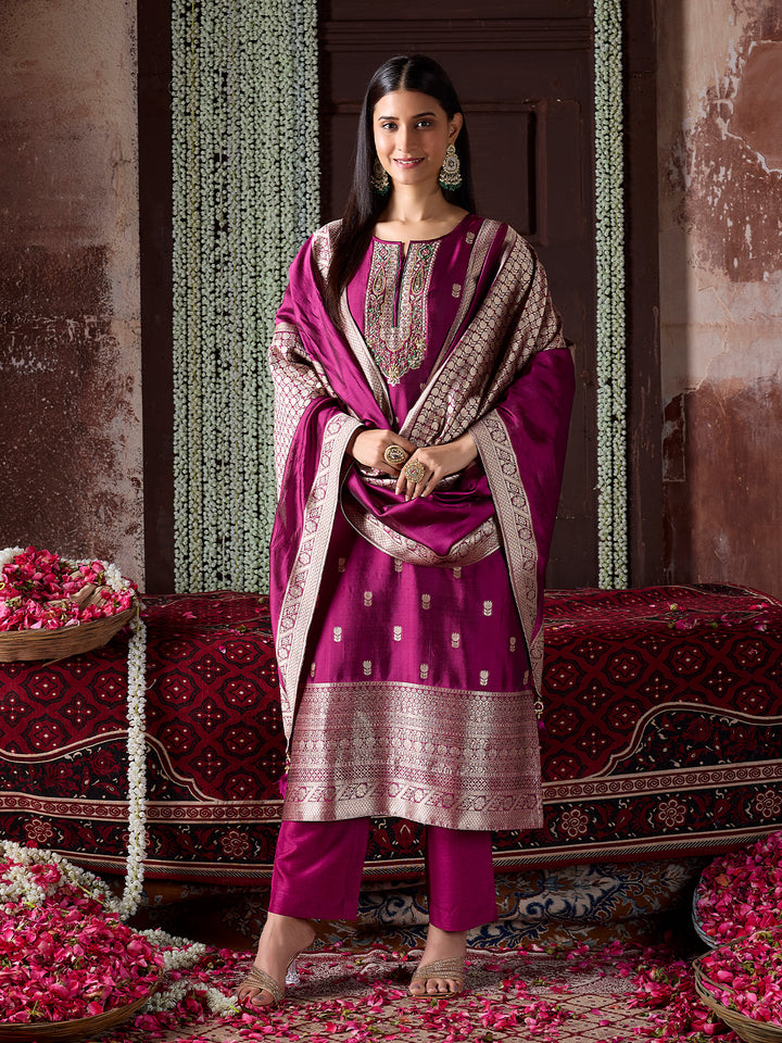 Magenta Jacquard Silk Suit Set with Dupatta
