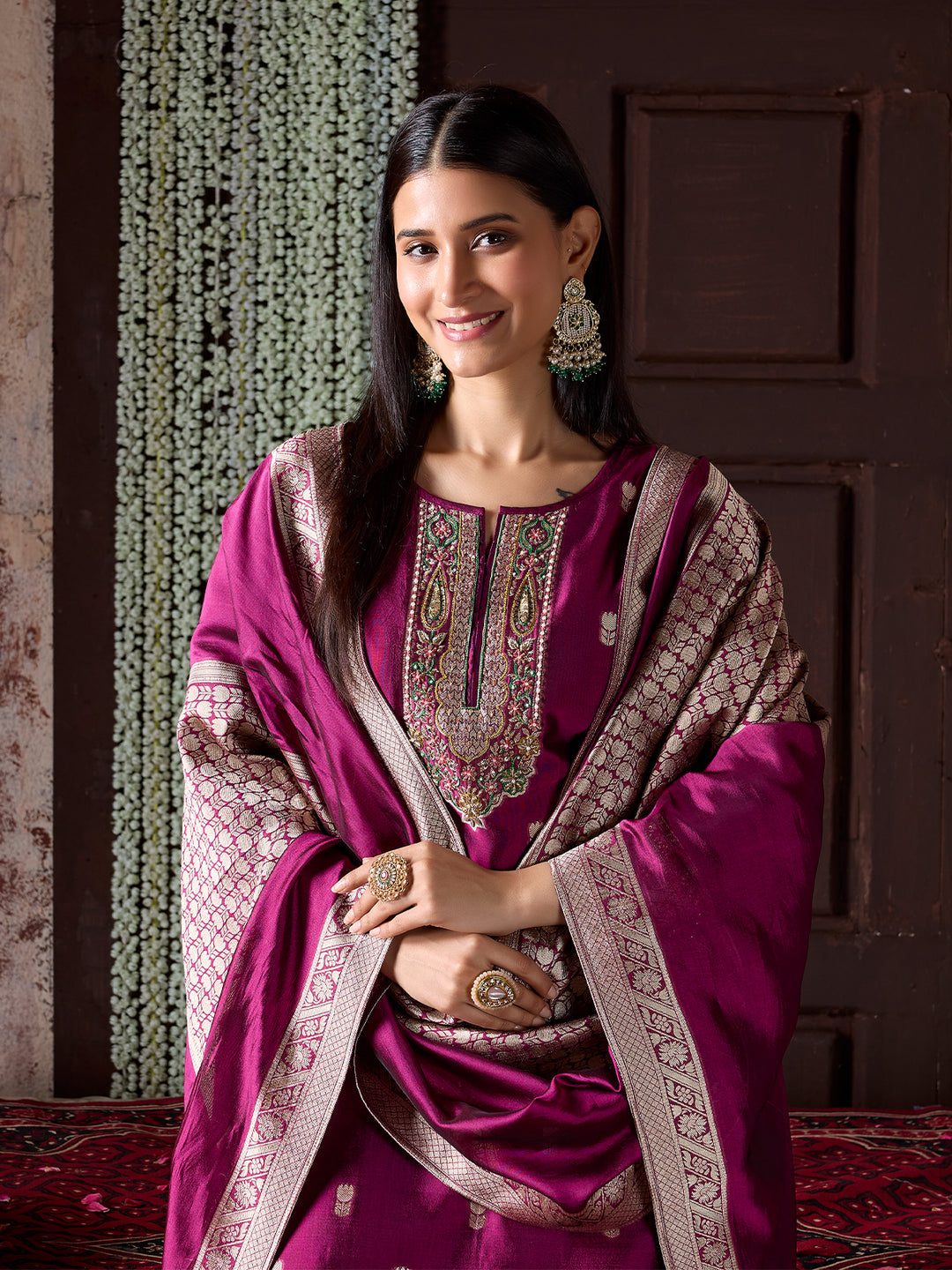 Magenta Jacquard Silk Suit Set with Dupatta