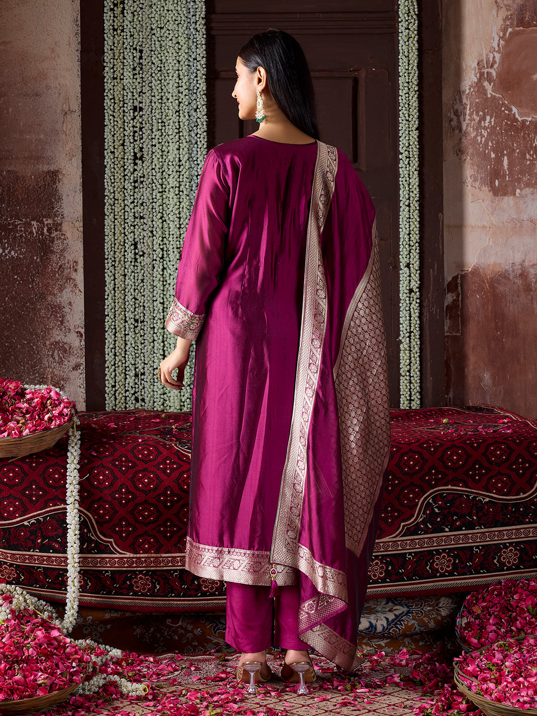 Magenta Jacquard Silk Suit Set with Dupatta