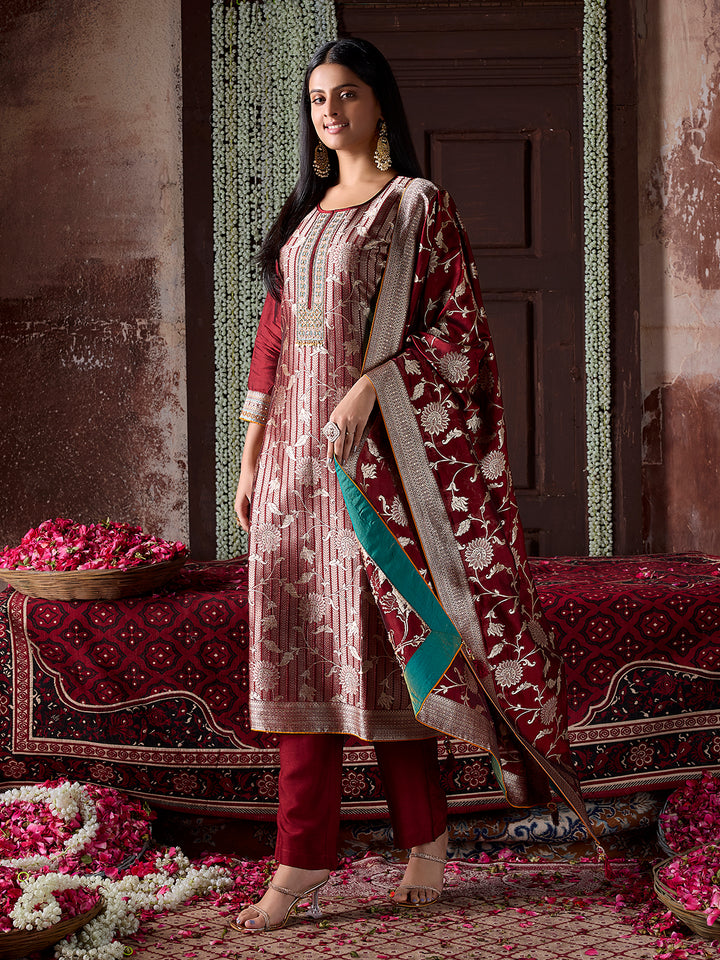Maroon Jacquard Silk Suit Set with Dupatta