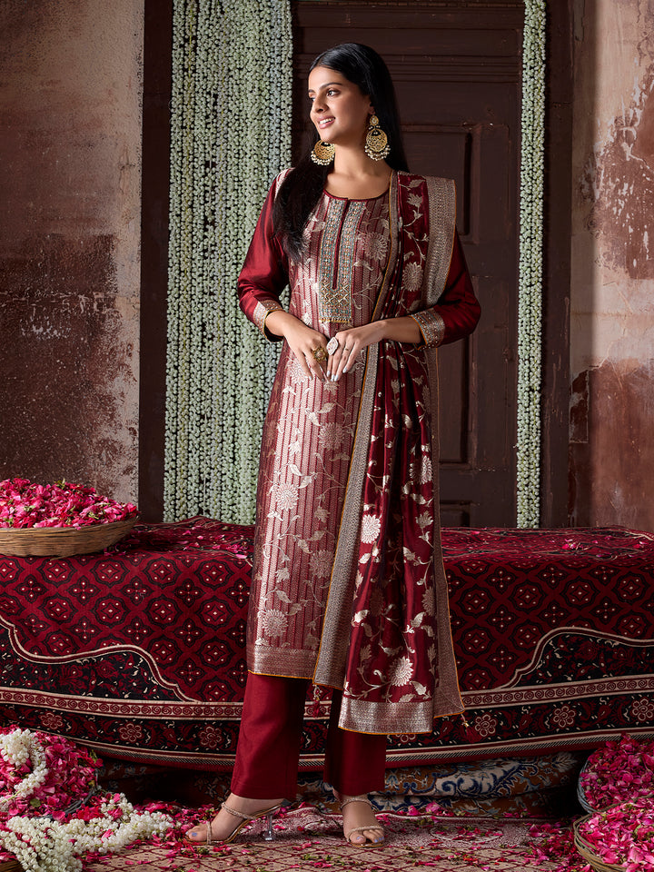 Maroon Jacquard Silk Suit Set with Dupatta