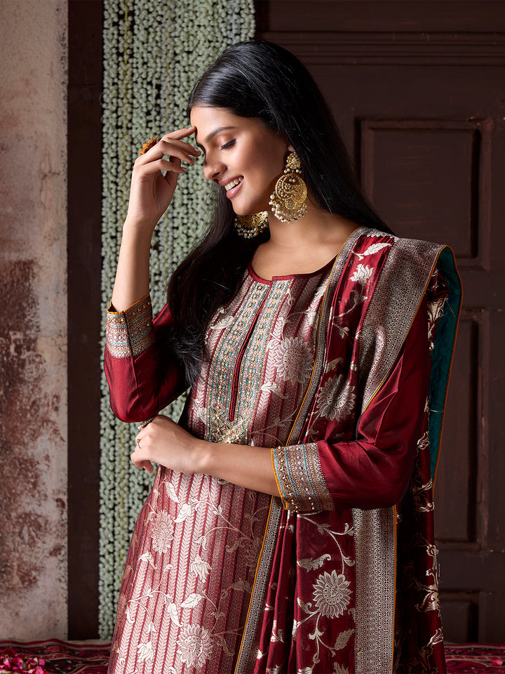 Maroon Jacquard Silk Suit Set with Dupatta