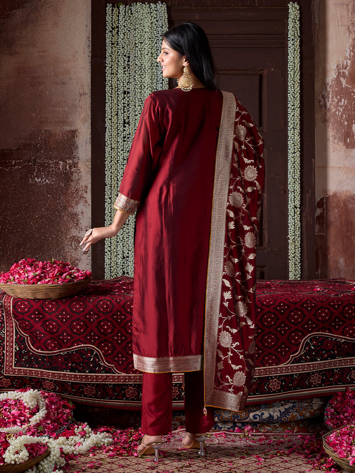 Maroon Jacquard Silk Suit Set with Dupatta
