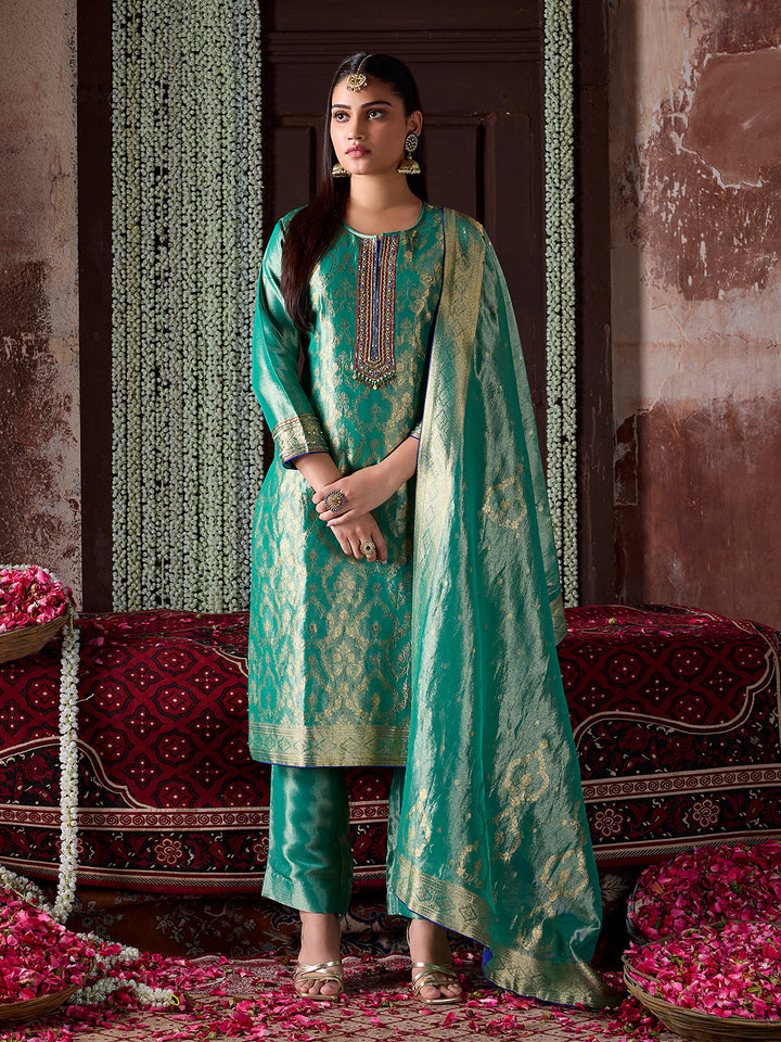 Sea Green Tissue Jacquard Silk Suit Set with Dupatta