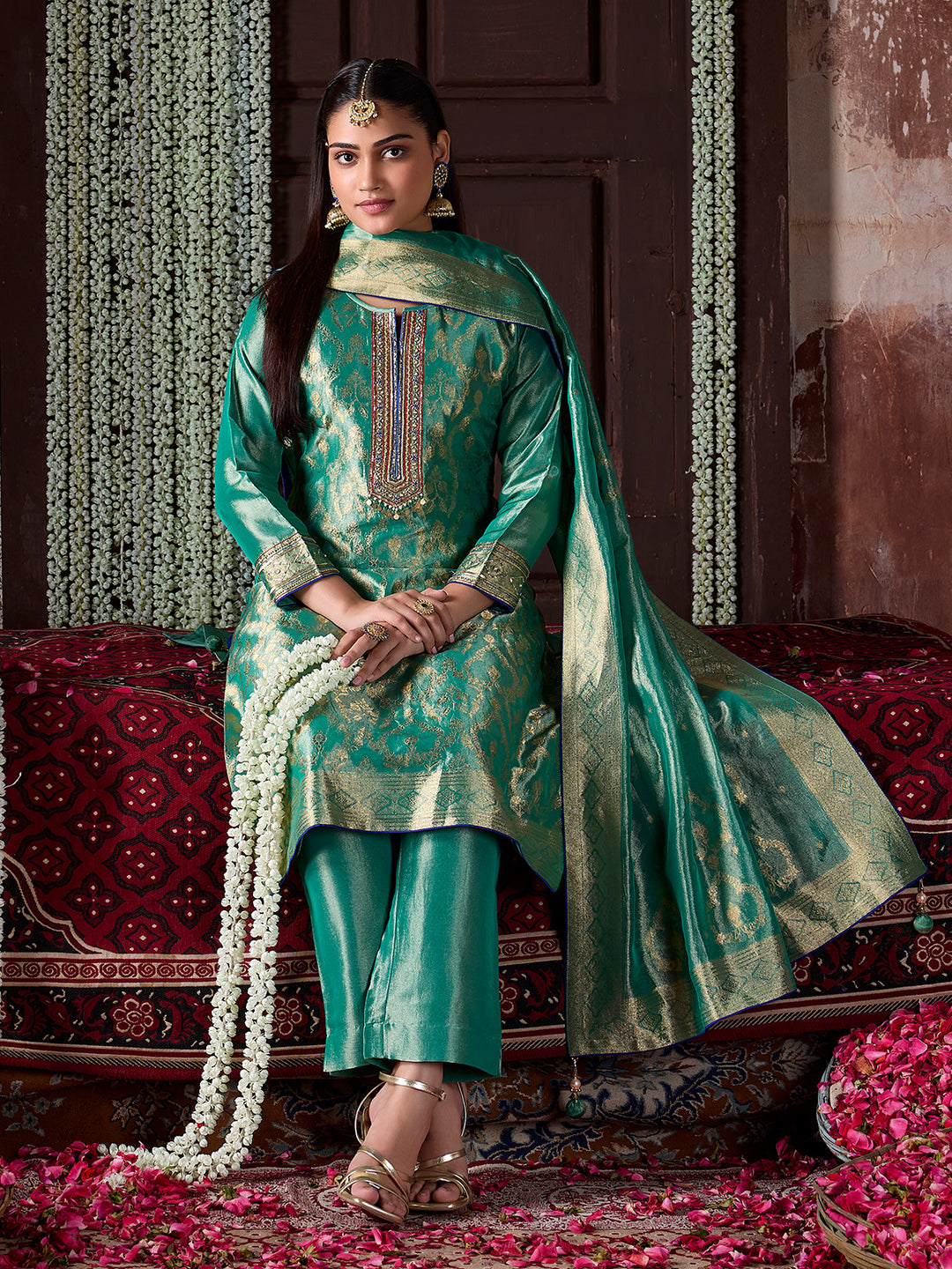 Sea Green Tissue Jacquard Silk Suit Set with Dupatta