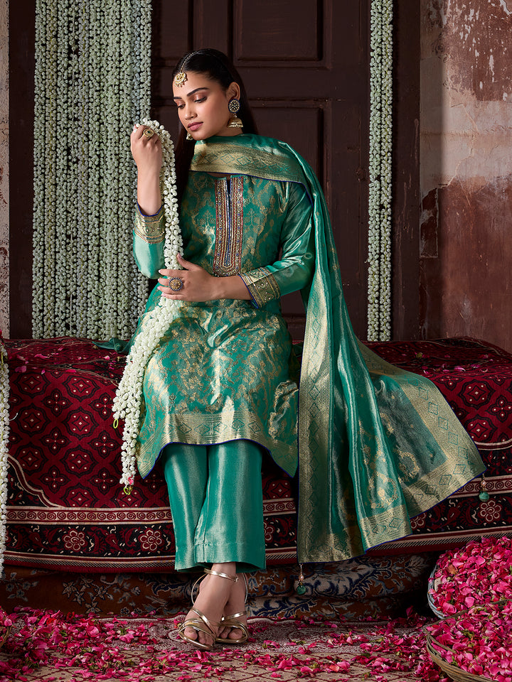 Sea Green Tissue Jacquard Silk Suit Set with Dupatta