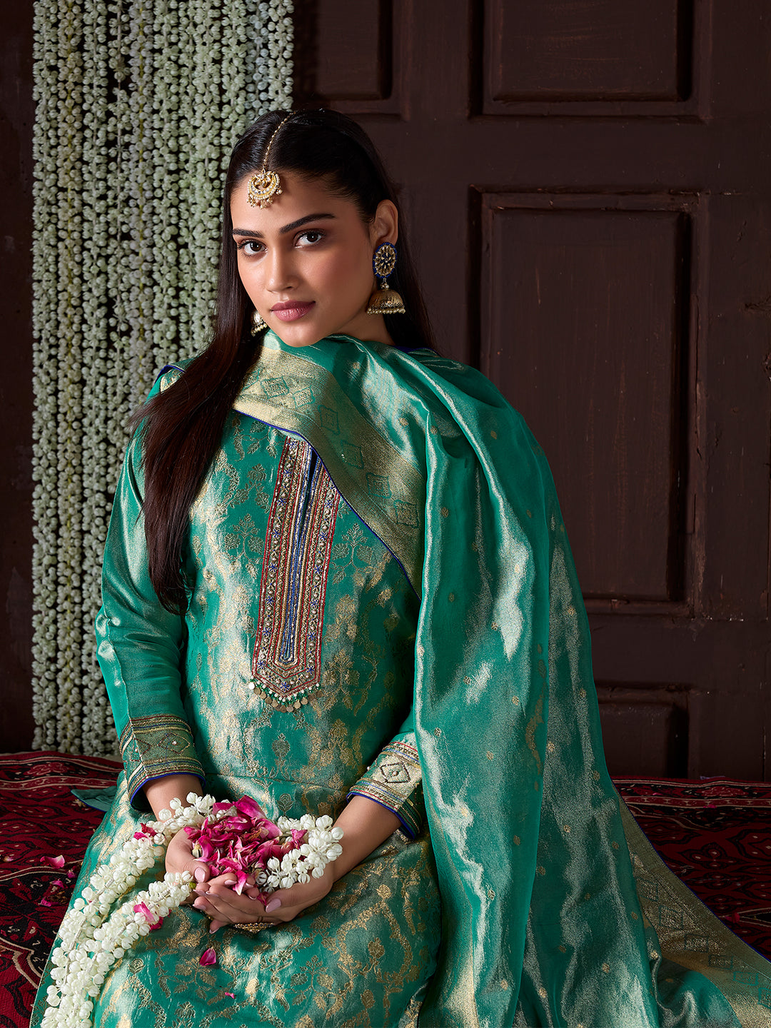 Sea Green Tissue Jacquard Silk Suit Set with Dupatta