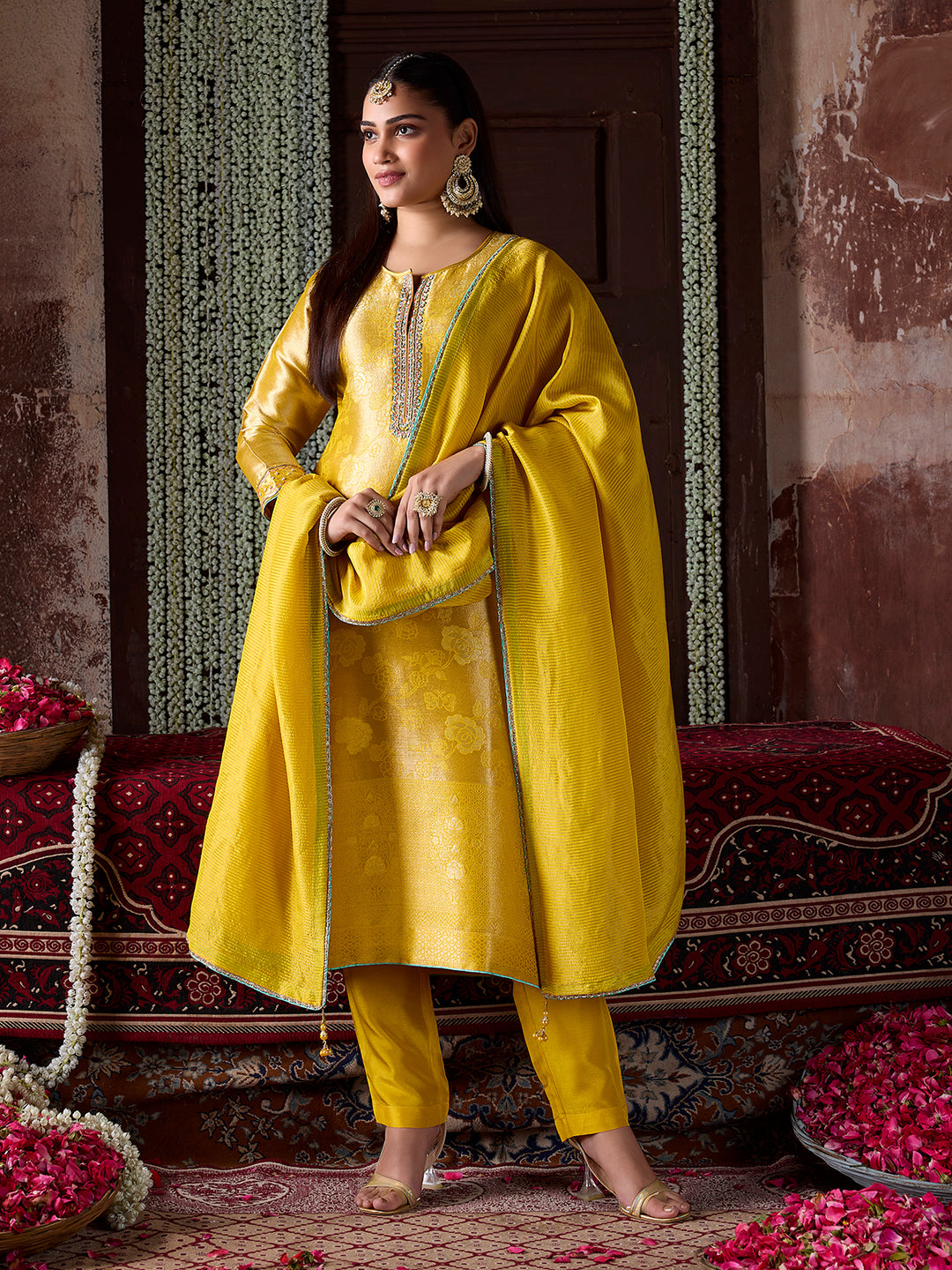 Golden Yellow Jacquard Silk Suit Set with Dupatta