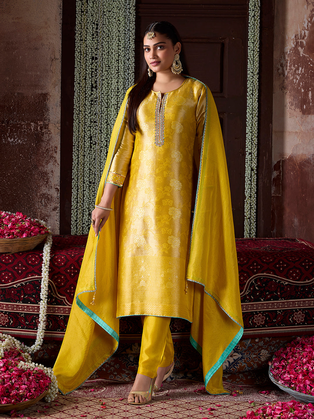 Golden Yellow Jacquard Silk Suit Set with Dupatta