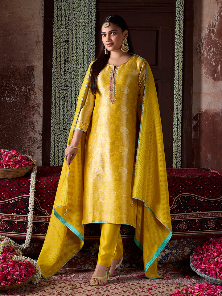 Golden Yellow Jacquard Silk Suit Set with Dupatta