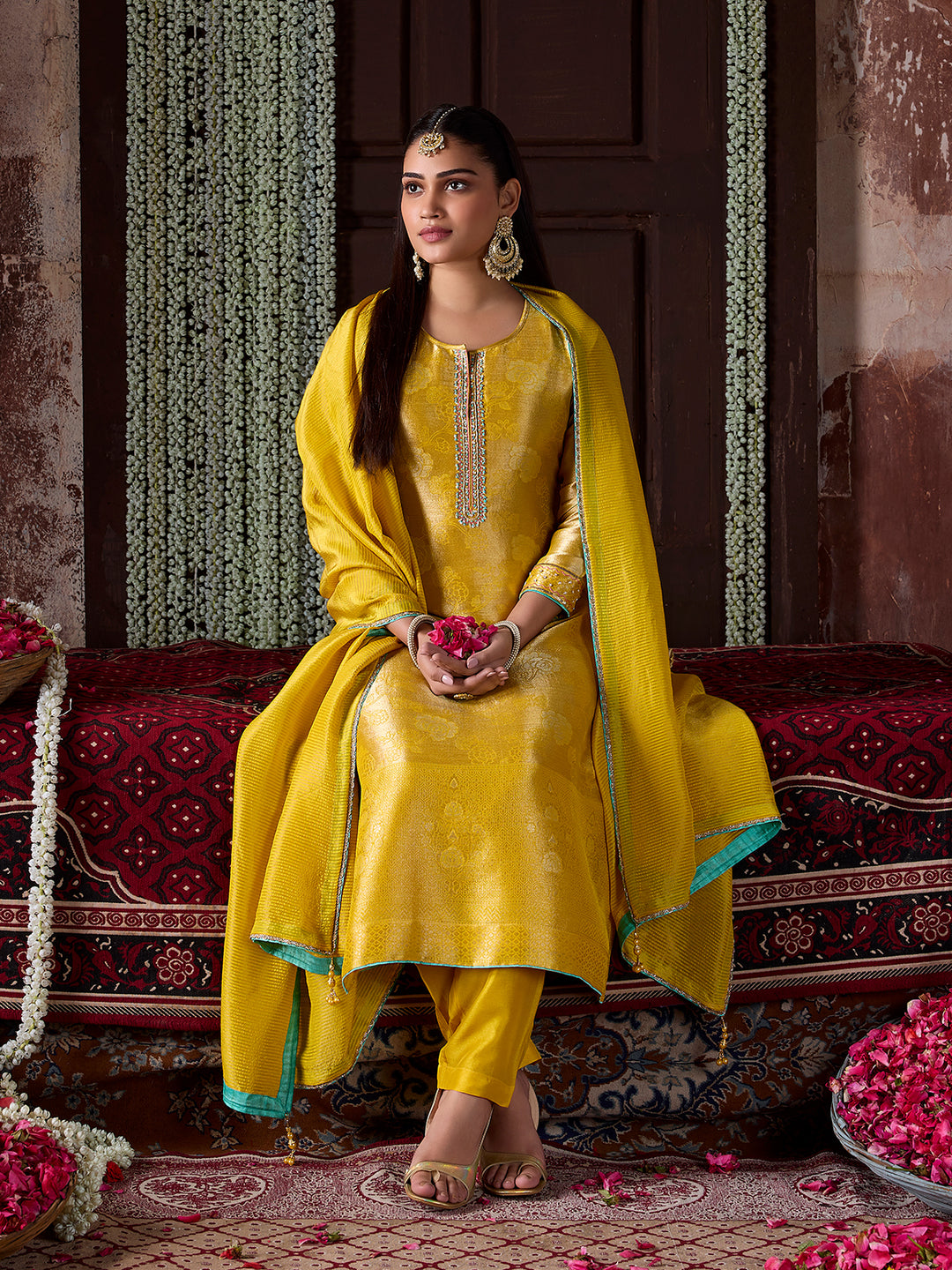Golden Yellow Jacquard Silk Suit Set with Dupatta