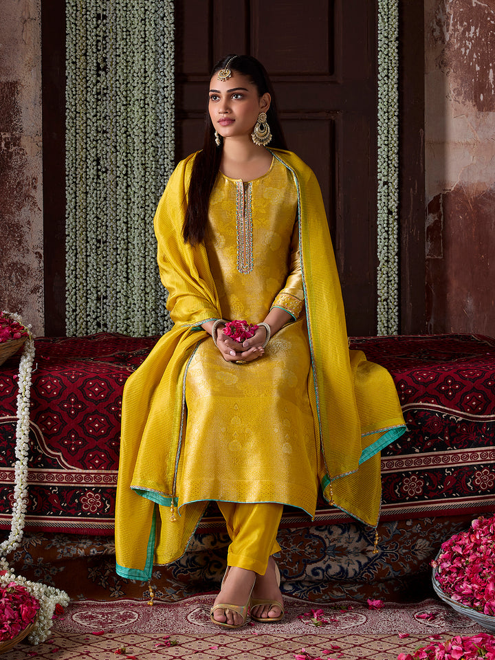 Golden Yellow Jacquard Silk Suit Set with Dupatta