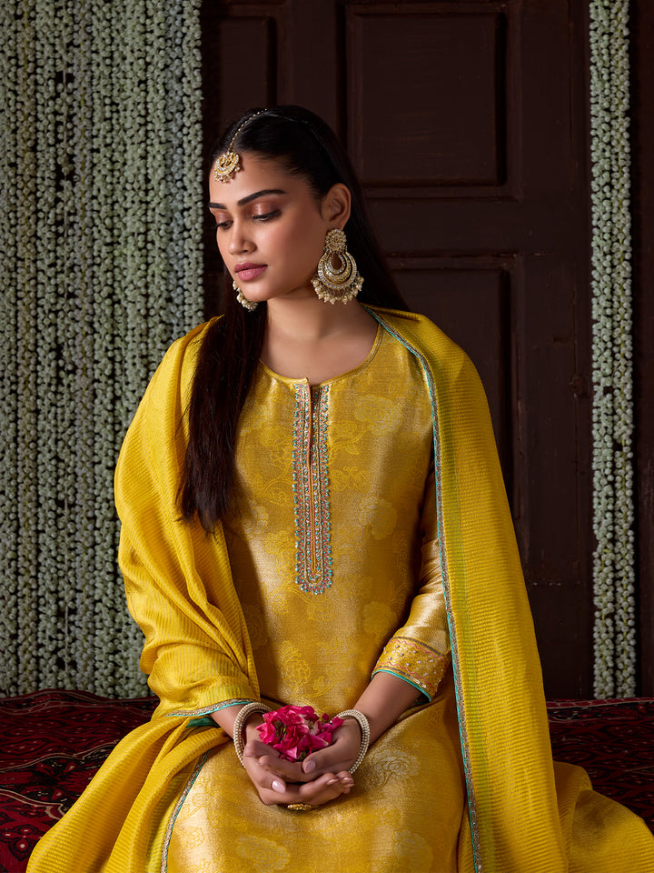 Golden Yellow Jacquard Silk Suit Set with Dupatta