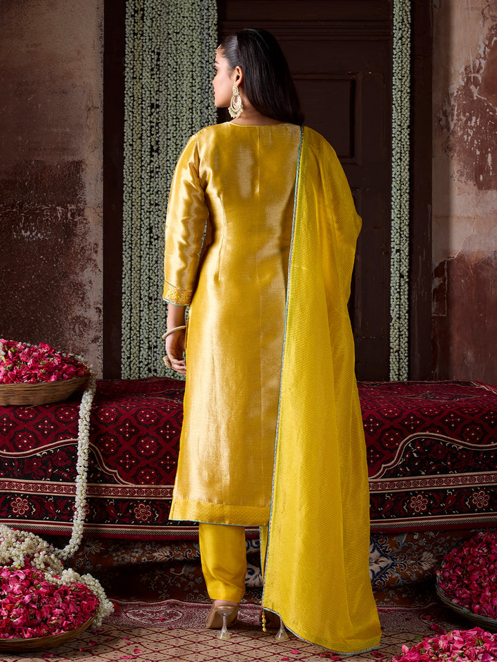 Golden Yellow Jacquard Silk Suit Set with Dupatta