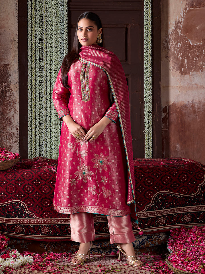 Rose Pink Jacquard Silk Suit Set with Dupatta