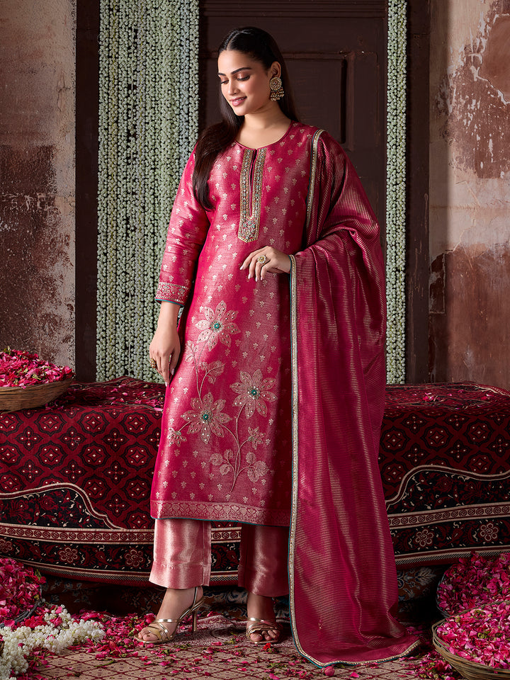 Rose Pink Jacquard Silk Suit Set with Dupatta