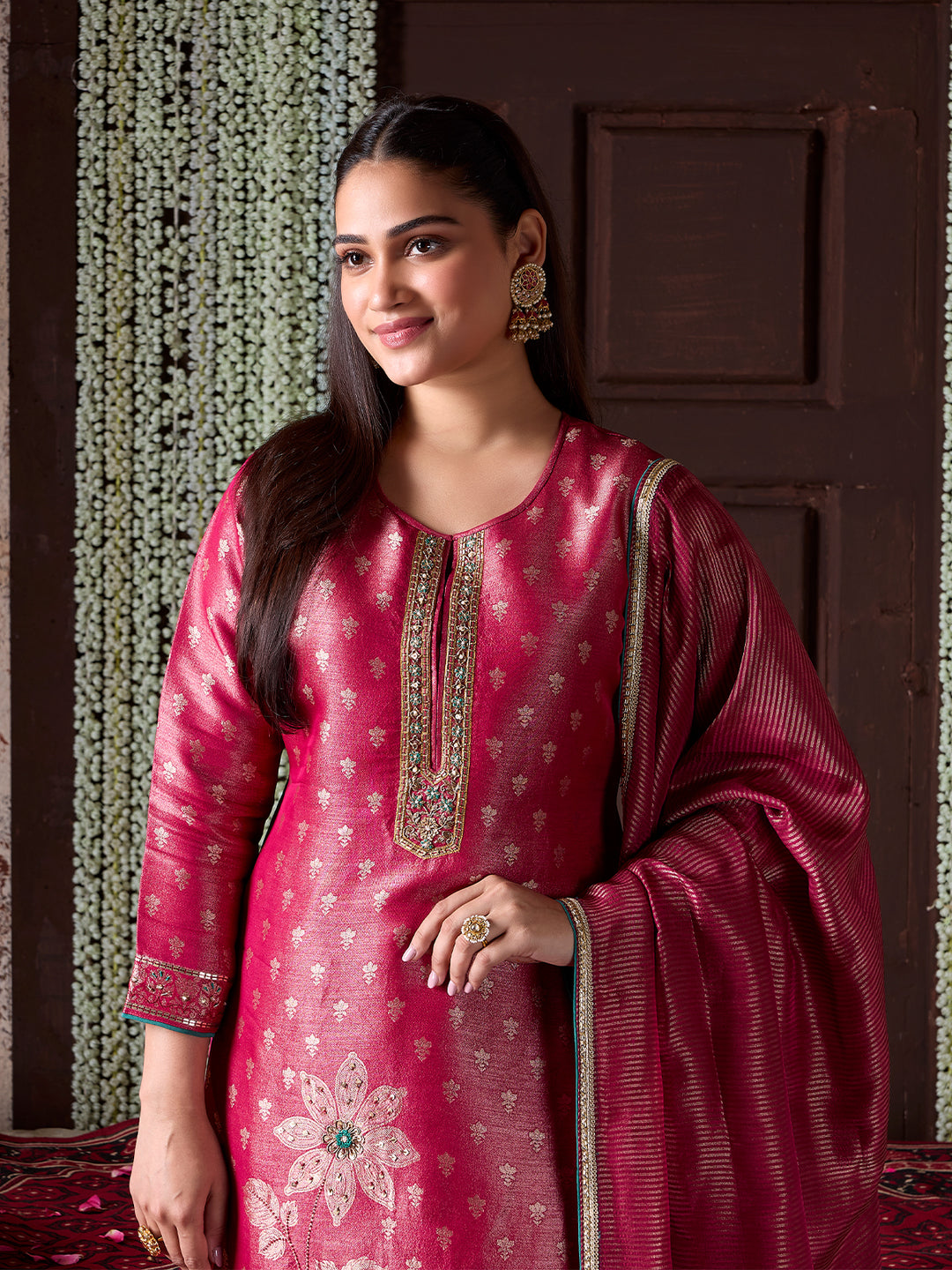 Rose Pink Jacquard Silk Suit Set with Dupatta